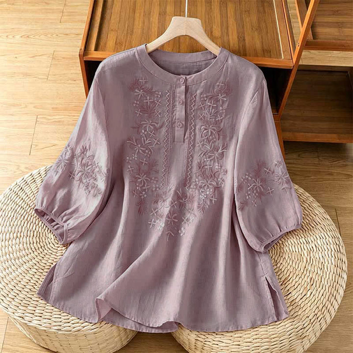 Buddha Stones Letnie, swobodne, vintage'owe, haftowane, kwiatowe koszule damskie z krótkim rękawem - Lawenda - US8-10, UK/AU12-14, EU40-42 (2XL) - image 6