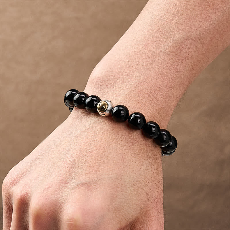 Buddha Stones Bransoletka z koralików okrągłych w stylu vintage z czarnego obsydianu Yin Yang Balance - image 5