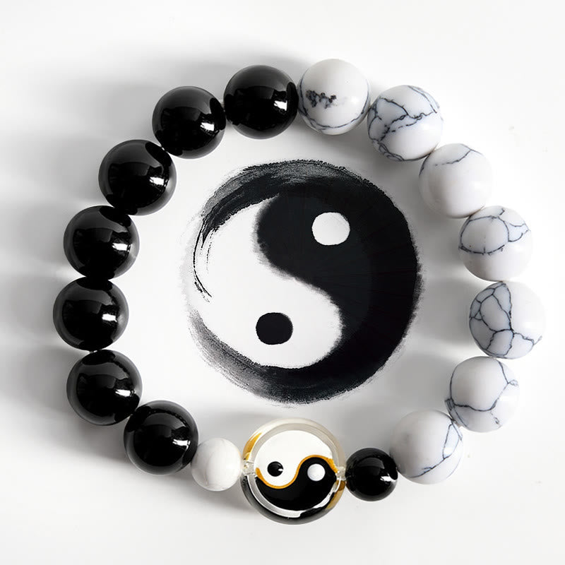 Buddha Stones Bransoletka z okrągłych koralików Liuli Glass Flat Bead Yin Yang Balance - Yin Yang (Harmonia ♥ Równowaga) - image 0