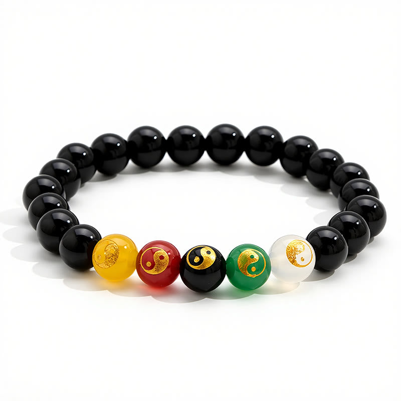 Buddha Stones Bransoletka z okrągłych koralików z czarnego onyksu Yin Yang Purity, ręcznie polerowana - image 1