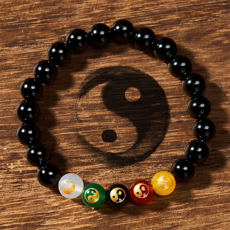 Buddha Stones Bransoletka z okrągłych koralików z czarnego onyksu Yin Yang Purity, ręcznie polerowana - Yin Yang (Harmonia ♥ Równowaga) - Czarny Onyks (Ochrona ♥ Fortuna) - image 0