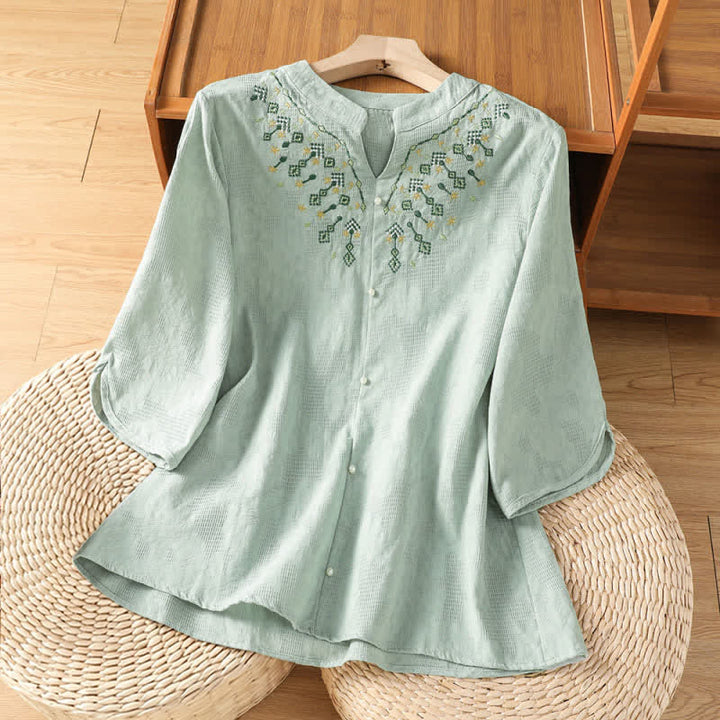 Buddha Stones Letnia, swobodna koszula damska w stylu boho, z geometrycznym haftem kwiatowym i dekoltem w serek, z rękawem 3/4 - PaleGreen - US12, UK/AU16, EU44 (3XL) - image 0