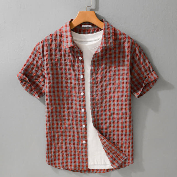 Buddha Stones Letnie, casualowe koszule męskie w kratę z krótkim rękawem i guzikami w stylu vintage - IndianRed - US/UK/AU42, EU52 (3XL) - image 3