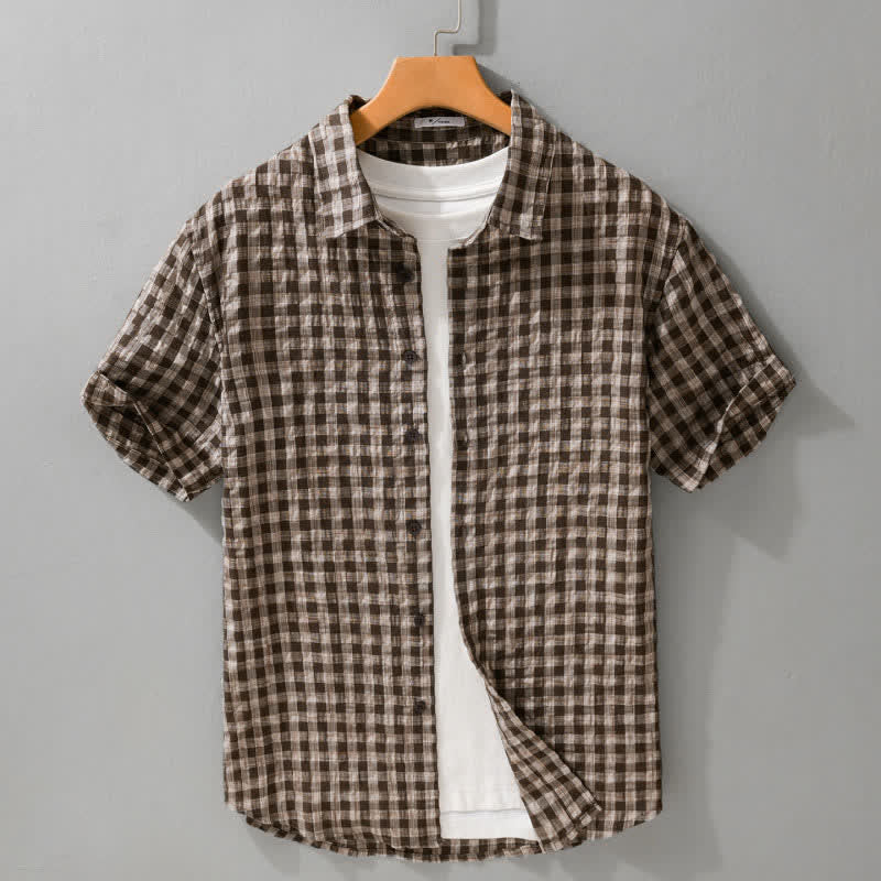 Buddha Stones Letnie, casualowe koszule męskie w kratę z krótkim rękawem i guzikami w stylu vintage - SaddleBrown - US/UK/AU42, EU52 (3XL) - image 0