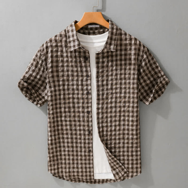 Buddha Stones Letnie, casualowe koszule męskie w kratę z krótkim rękawem i guzikami w stylu vintage - SaddleBrown - US/UK/AU42, EU52 (3XL) - image 0