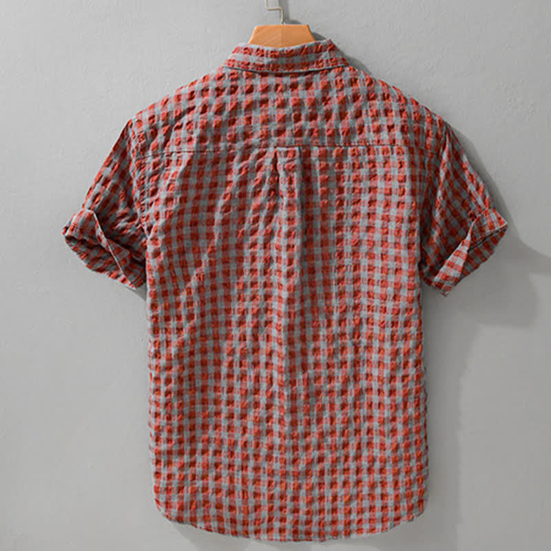 Buddha Stones Letnie, casualowe koszule męskie w kratę z krótkim rękawem i guzikami w stylu vintage - image 4