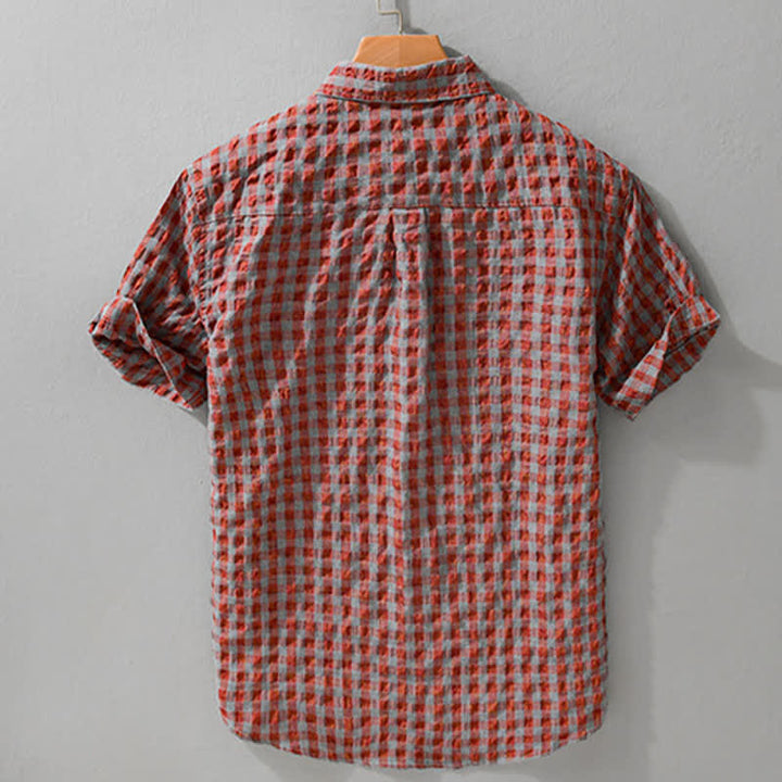 Buddha Stones Letnie, casualowe koszule męskie w kratę z krótkim rękawem i guzikami w stylu vintage - image 4