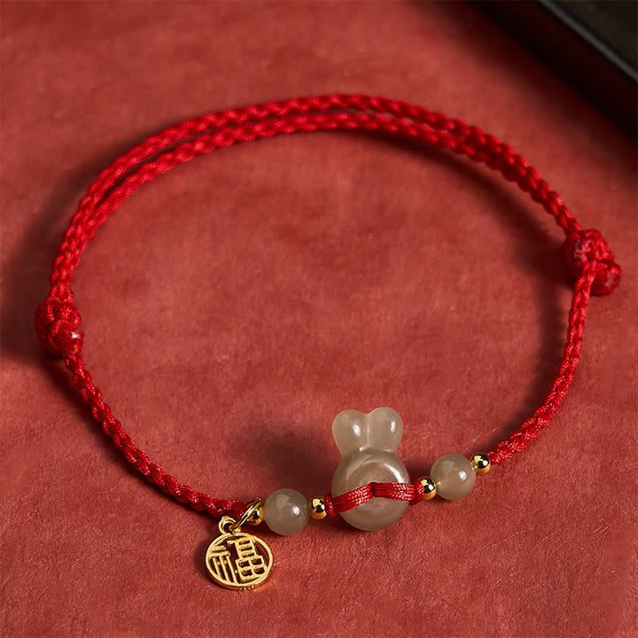 Buddha Stones Bransoletka vintage z jadeitu hetian z głową królika i klamrą pokoju Fu Character Grounding Red String - Naturalny jadeit (kolor może się różnić) - image 0