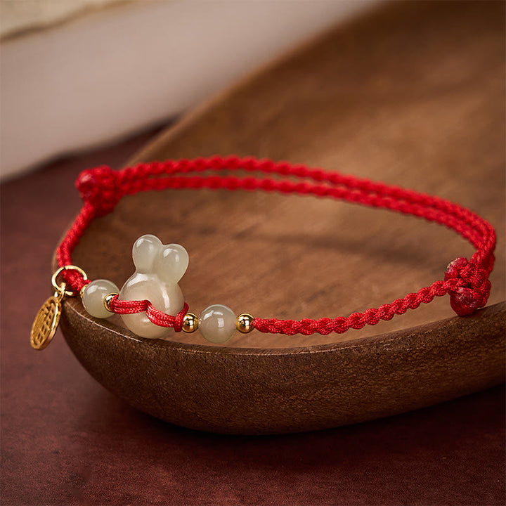 Buddha Stones Bransoletka vintage z jadeitu hetian z głową królika i klamrą pokoju Fu Character Grounding Red String - image 3