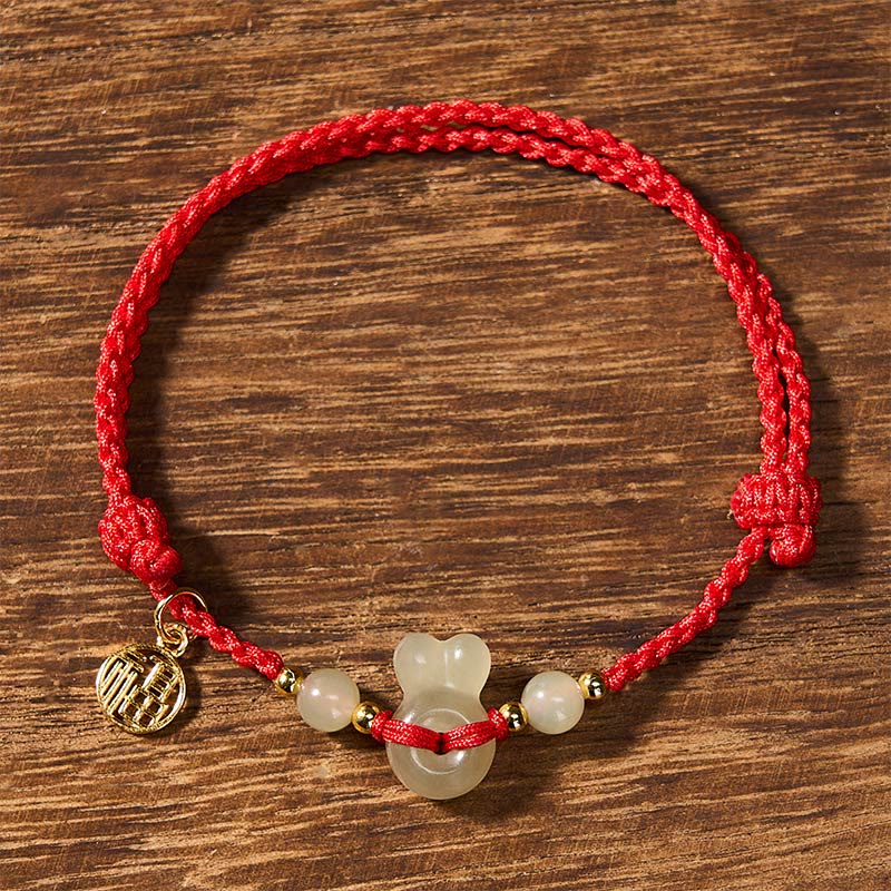 Buddha Stones Bransoletka vintage z jadeitu hetian z głową królika i klamrą pokoju Fu Character Grounding Red String - image 2