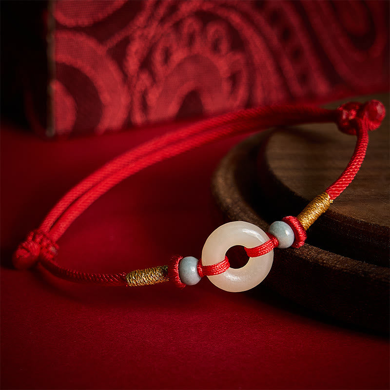 Buddha Stones Bransoletka z czerwonego sznurka z jadeitu Hetian Peace Buckle Protection - Naturalny jadeit (kolor może się różnić) - image 0