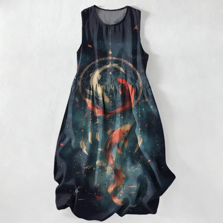 Buddha Stones Letnia, swobodna, damska sukienka midi bez rękawów z kieszeniami i wzorem w pióra koi - MidnightBlue - US16, UK/AU20, EU48 (3XL) - image 0