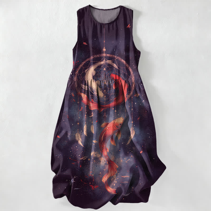 Buddha Stones Letnia, swobodna, damska sukienka midi bez rękawów z kieszeniami i wzorem w pióra koi - Indygo - US16, UK/AU20, EU48 (3XL) - image 4