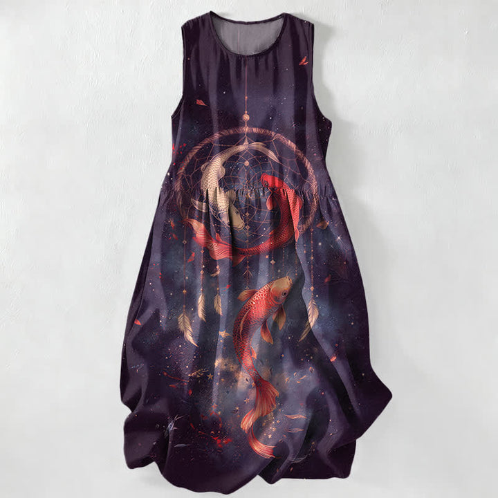 Buddha Stones Letnia, swobodna, damska sukienka midi bez rękawów z kieszeniami i wzorem w pióra koi - Indygo - US16, UK/AU20, EU48 (3XL) - image 4