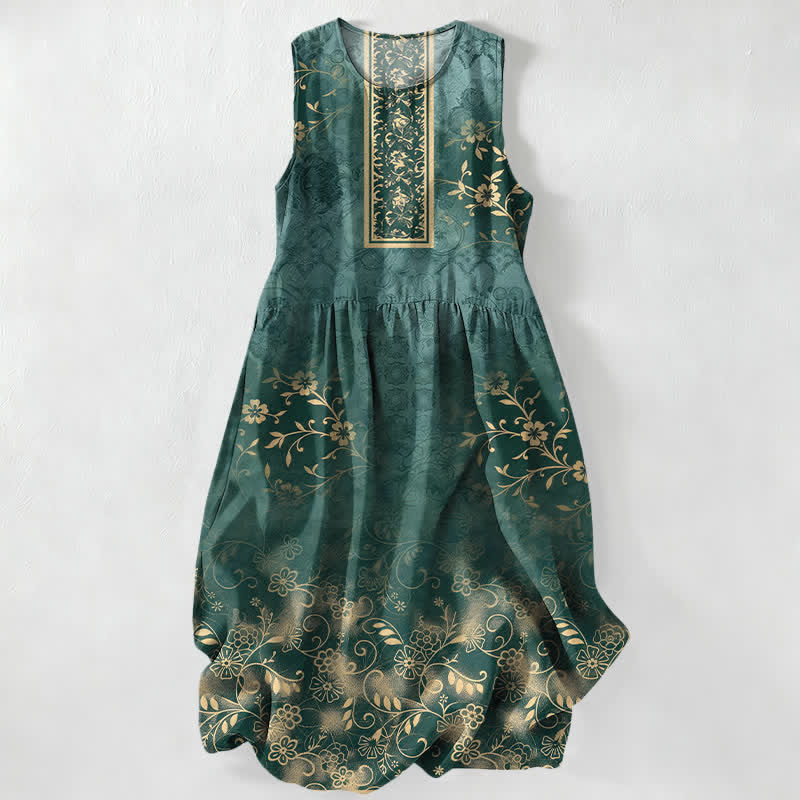 Buddha Stones Letnia, swobodna, damska sukienka midi bez rękawów z kieszeniami i kwiatowym wzorem w stylu vintage - SeaGreen - US16, UK/AU20, EU48 (3XL) - image 0