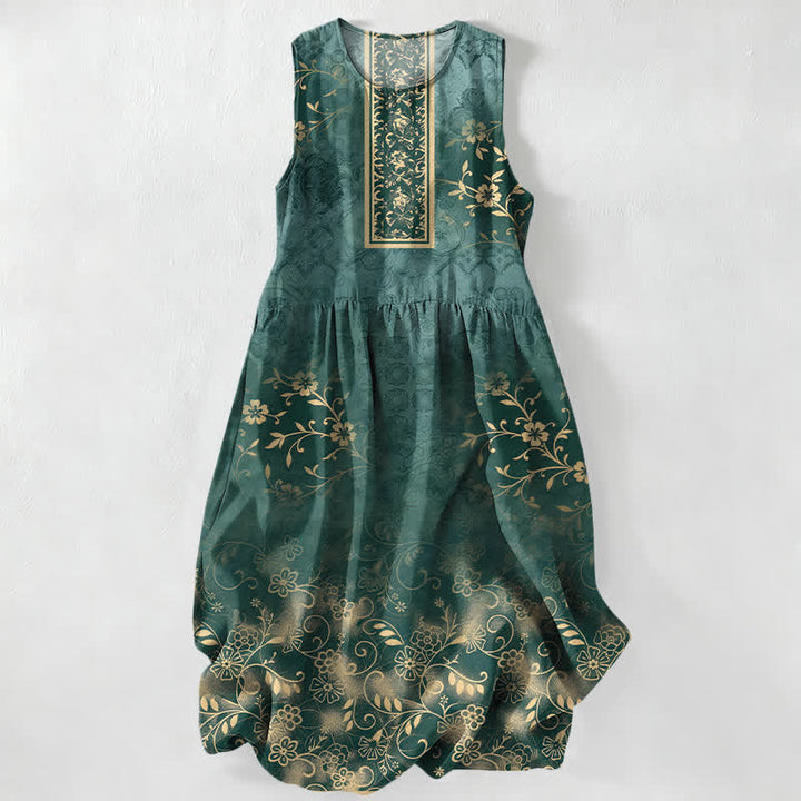 Buddha Stones Letnia, swobodna, damska sukienka midi bez rękawów z kieszeniami i kwiatowym wzorem w stylu vintage - SeaGreen - US16, UK/AU20, EU48 (3XL) - image 0
