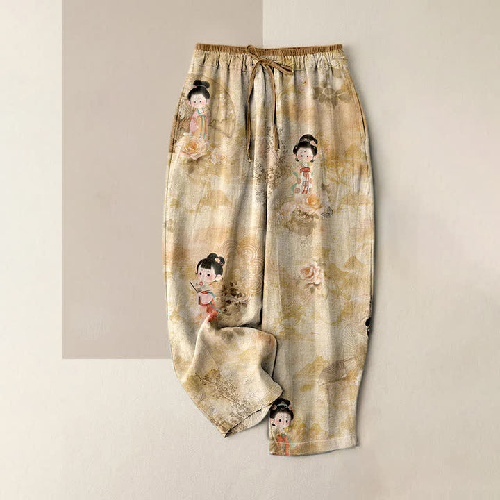 Buddha Stones Spodnie damskie z elastycznej talii z kieszeniami, z czystej bawełny, w kwiaty, w stylu vintage, z motywem gejszy - BurlyWood - US16, UK/AU20, EU48 (3XL) - image 0