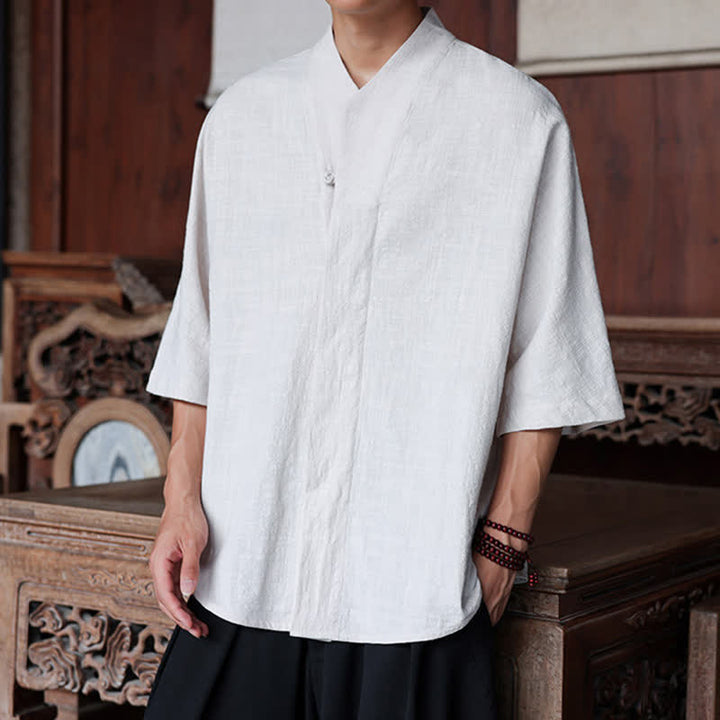 Buddha Stones Wiosenno-letnie koszule męskie w stylu Tang, minimalistyczne, z materiału Pankou, sięgające do łokci - image 21