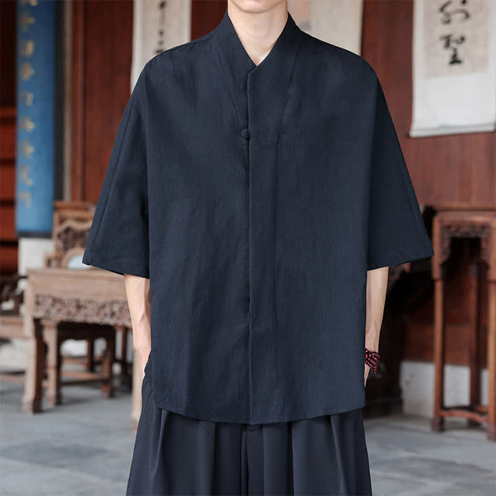 Buddha Stones Wiosenno-letnie koszule męskie w stylu Tang, minimalistyczne, z materiału Pankou, sięgające do łokci - Czarny - US/UK/AU46， EU56 (5XL) - image 9