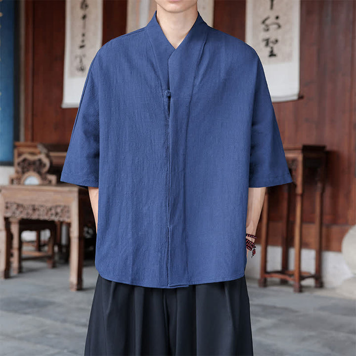 Buddha Stones Wiosenno-letnie koszule męskie w stylu Tang, minimalistyczne, z materiału Pankou, sięgające do łokci - Stalowoniebieski - US/UK/AU46， EU56 (5XL) - image 0