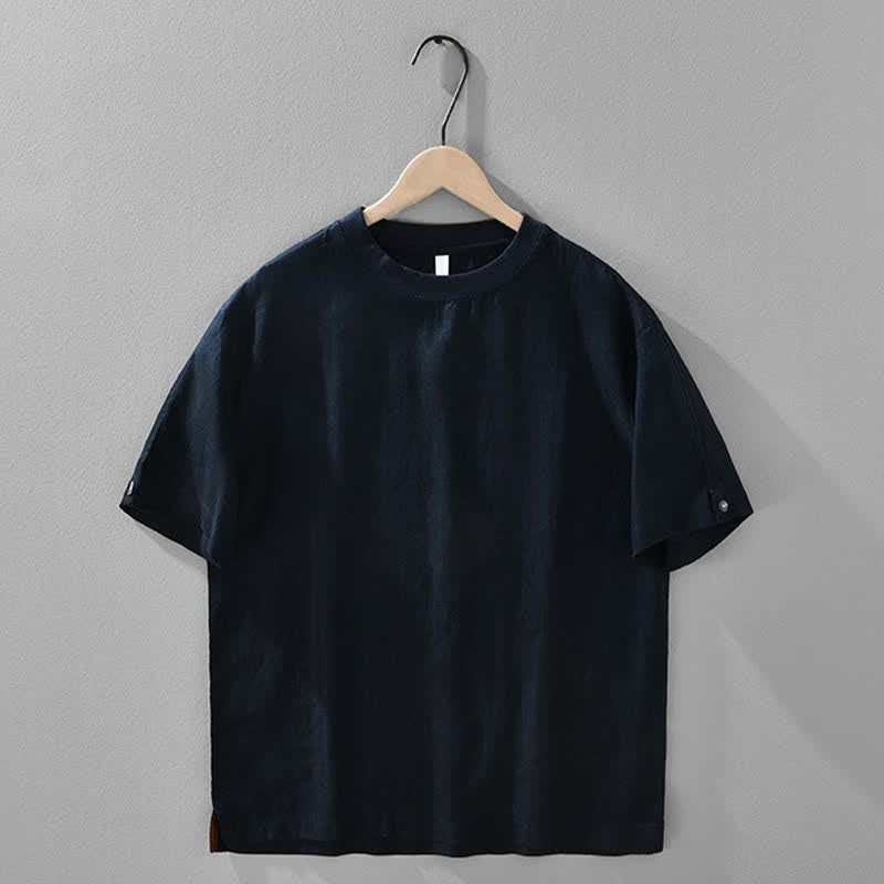 Buddha Stones Letnie, swobodne, minimalistyczne, lniane, męskie koszulki z krótkim rękawem i okrągłym dekoltem - MidnightBlue - US/UK/AU42， EU52 (3XL) - image 11