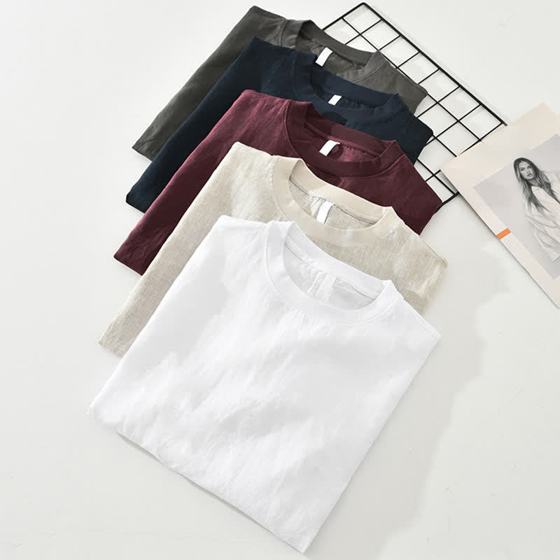 Buddha Stones Letnie, swobodne, minimalistyczne, lniane, męskie koszulki z krótkim rękawem i okrągłym dekoltem - image 16