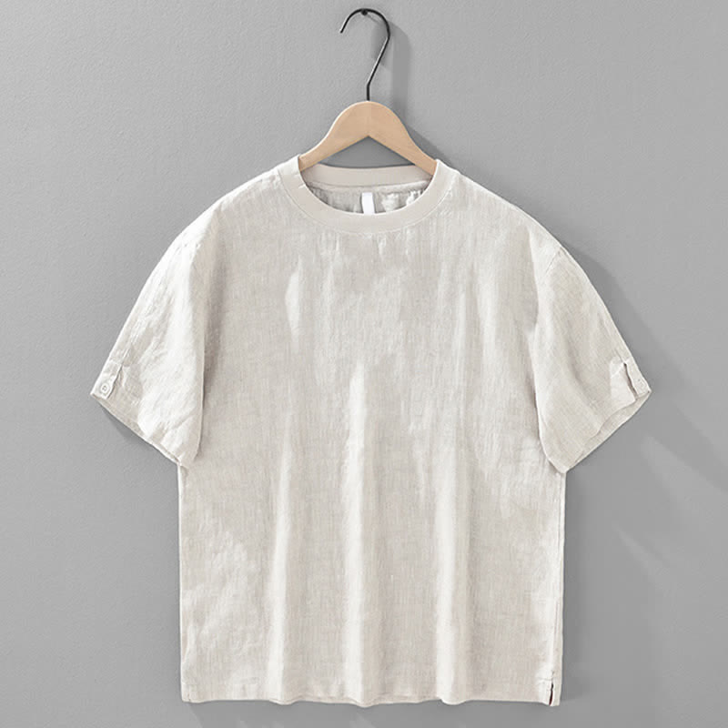 Buddha Stones Letnie, swobodne, minimalistyczne, lniane, męskie koszulki z krótkim rękawem i okrągłym dekoltem - image 1