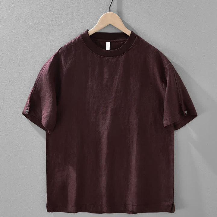 Buddha Stones Letnie, swobodne, minimalistyczne, lniane, męskie koszulki z krótkim rękawem i okrągłym dekoltem - Kasztanowaty - US/UK/AU42， EU52 (3XL) - image 13