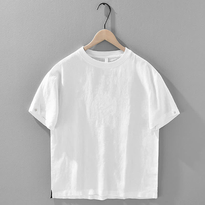 Buddha Stones Letnie, swobodne, minimalistyczne, lniane, męskie koszulki z krótkim rękawem i okrągłym dekoltem - Biały - US/UK/AU42， EU52 (3XL) - image 14
