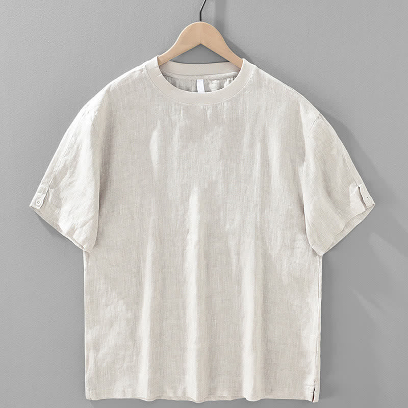 Buddha Stones Letnie, swobodne, minimalistyczne, lniane, męskie koszulki z krótkim rękawem i okrągłym dekoltem - Bielizna - US/UK/AU42， EU52 (3XL) - image 0