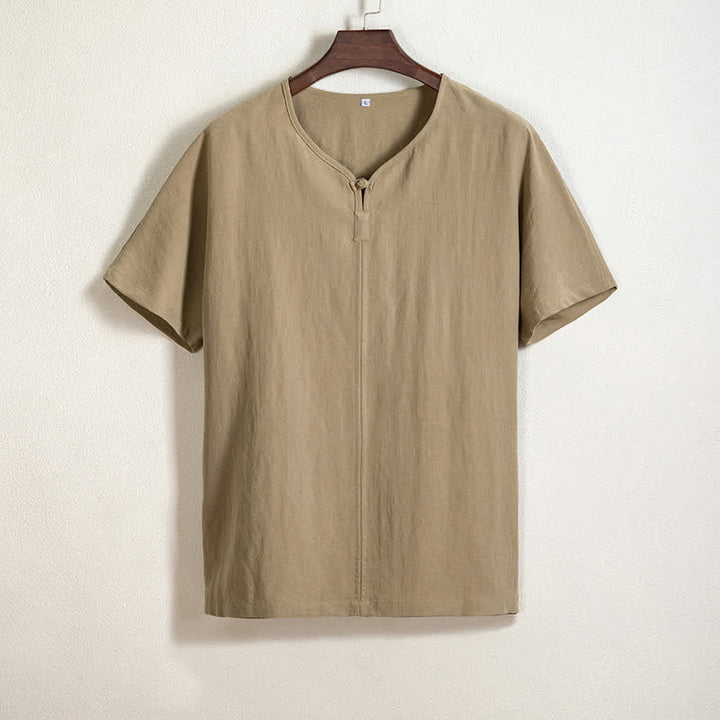Buddha Stones Letnie, swobodne koszule męskie w stylu Tang z dekoltem w serek i krótkim rękawem - Dębnik - US/UK/AU44， EU54 (4XL) - image 0