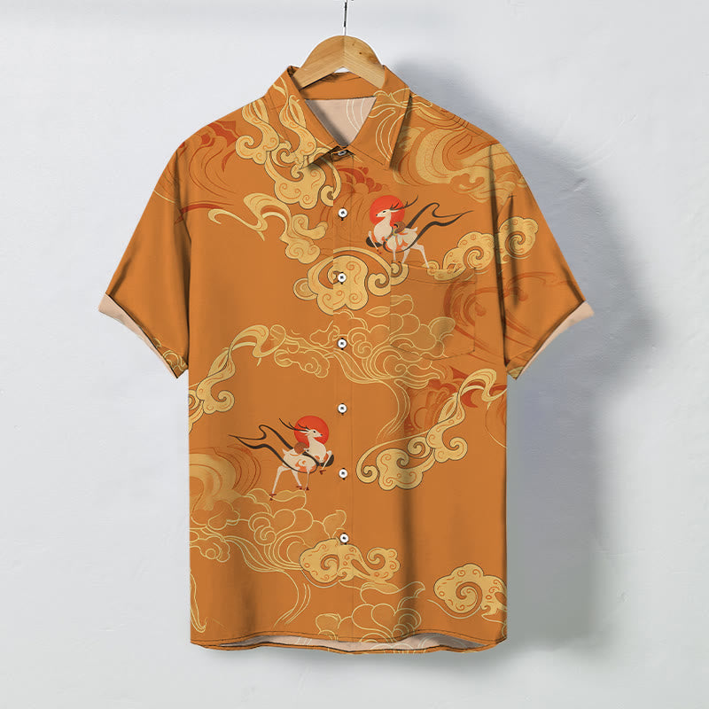 Buddha Stones Koszula męska z krótkim rękawem i oddychającą, oddychającą grafiką „Auspicious Cloud Celestial Crane Pattern” - Peru - US/UK/AU48， EU58 (4XL) - image 0