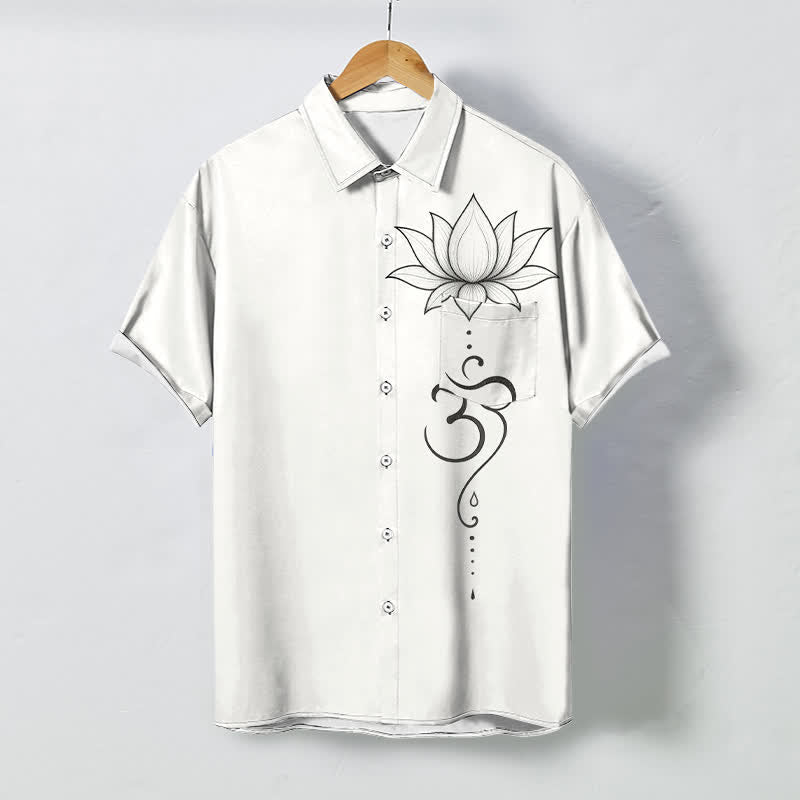 Buddha Stones Koszula męska z krótkim rękawem, oddychająca, z guzikami w kształcie linii Lotus Om - Biały - US/UK/AU48， EU58 (4XL) - image 0