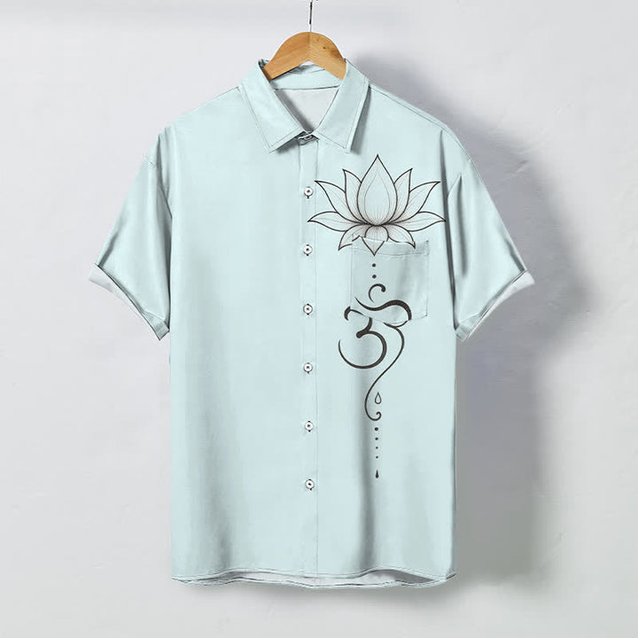 Buddha Stones Koszula męska z krótkim rękawem, oddychająca, z guzikami w kształcie linii Lotus Om - Jasnoniebieski - US/UK/AU48， EU58 (4XL) - image 3