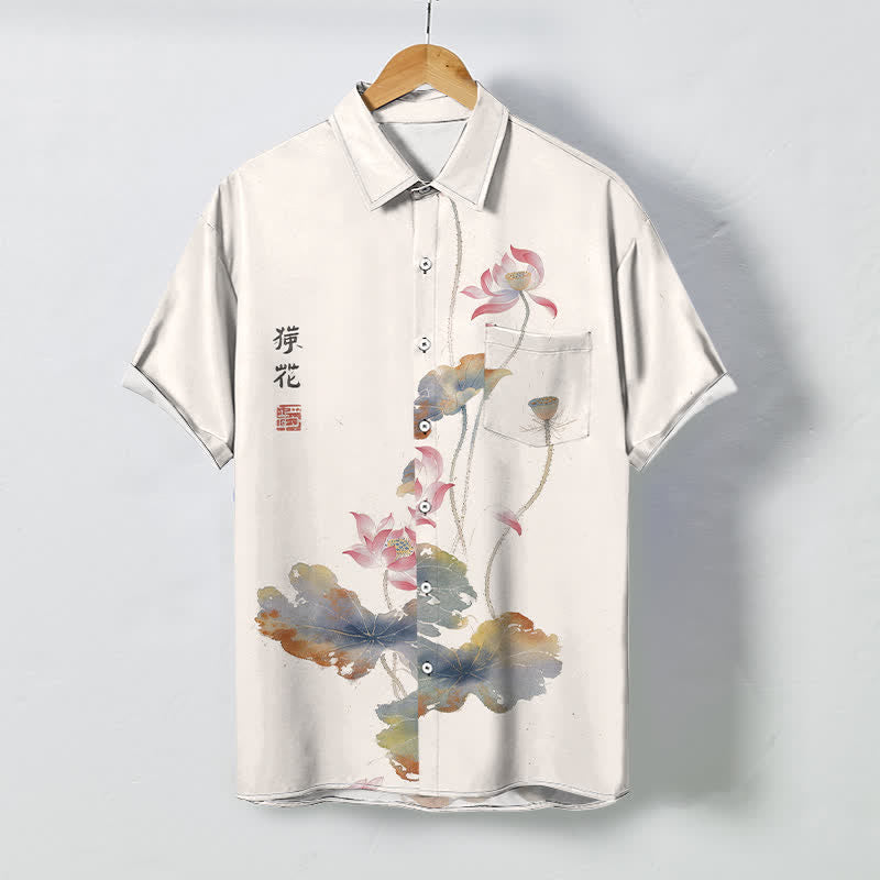 Buddha Stones Koszula męska z krótkim rękawem, oddychająca, z guzikami w kształcie kaligrafii Ink Lotus - Kość słoniowa - US/UK/AU48， EU58 (4XL) - image 0