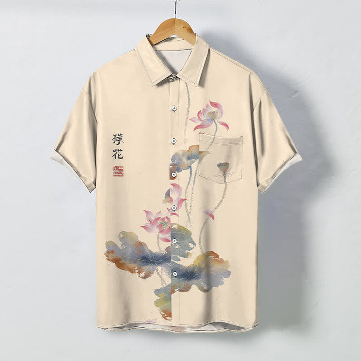 Buddha Stones Koszula męska z krótkim rękawem, oddychająca, z guzikami w kształcie kaligrafii Ink Lotus - AntiqueWhite - US/UK/AU48， EU58 (4XL) - image 3