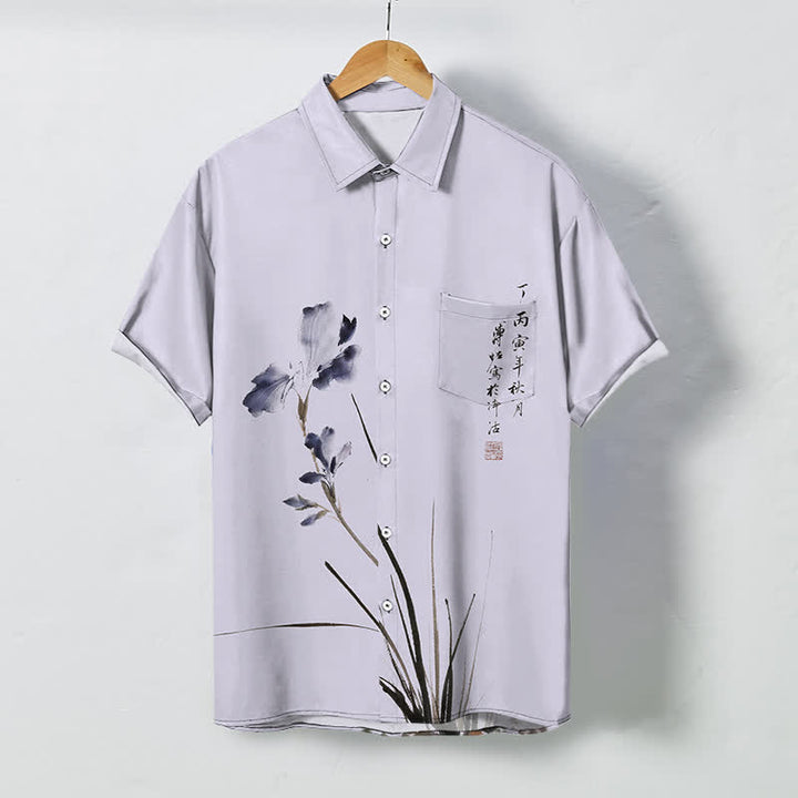 Buddha Stones Koszula męska z krótkim rękawem, oddychająca, z nadrukiem kwiatowym i wzorem pieczęci - Lawenda - US/UK/AU48， EU58 (4XL) - image 0