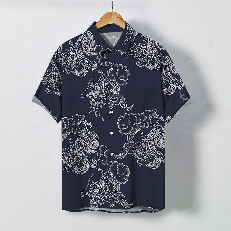 Buddha Stones Koszula męska z krótkim rękawem, oddychająca, z kwiatowym wzorem w stylu vintage i guzikami - MidnightBlue - US/UK/AU48， EU58 (4XL) - image 0