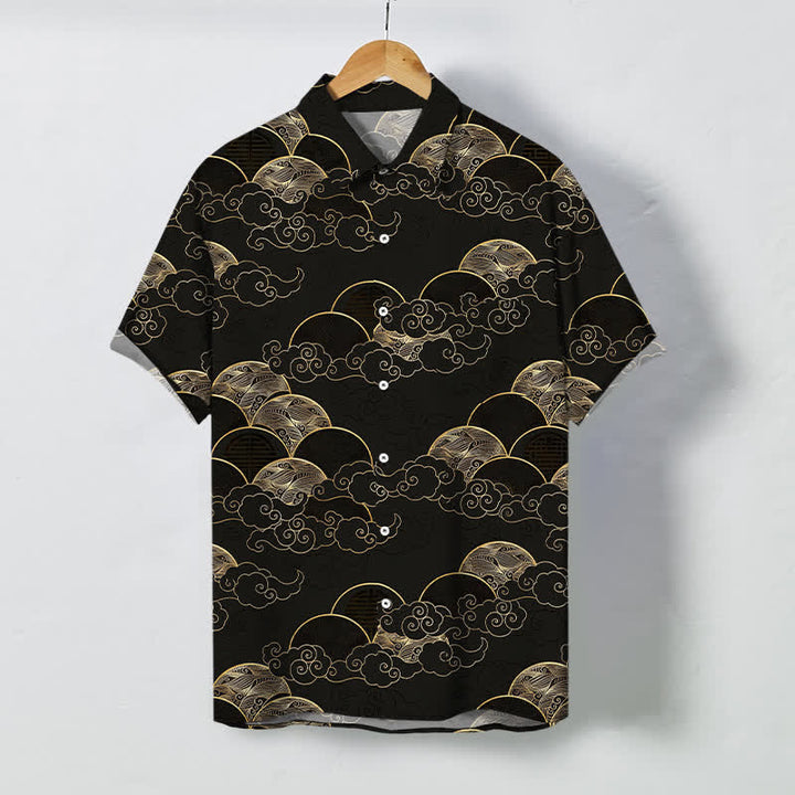 Buddha Stones Koszula męska z krótkim rękawem, oddychająca, z falą księżyca i złotymi chmurami - Czarny - US/UK/AU48， EU58 (4XL) - image 0