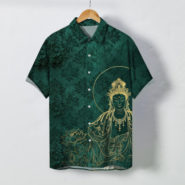 Buddha Stones Koszula męska z krótkim rękawem, odporna na zagniecenia, z guzikami w stylu vintage z motywem lotosu - Ciemnozielony - US/UK/AU48， EU58 (4XL) - image 0