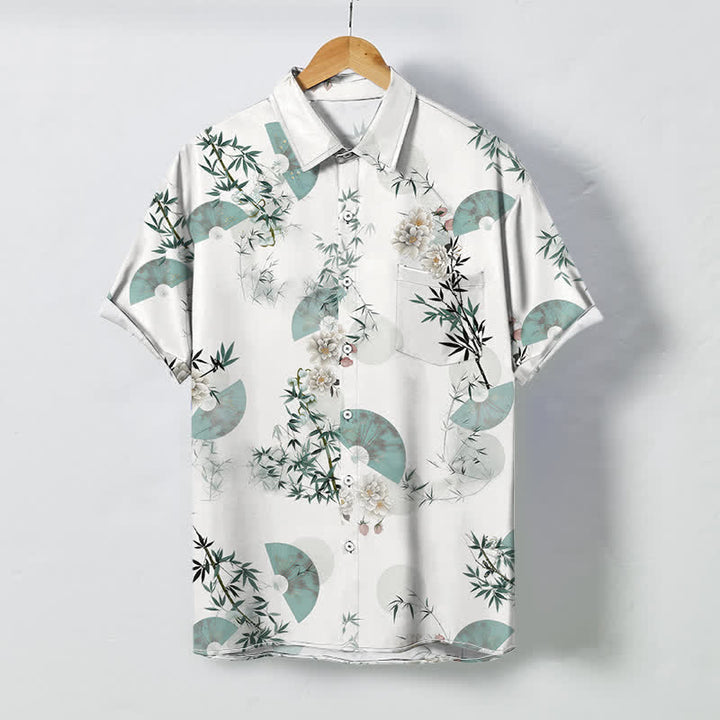 Buddha Stones Koszula męska z krótkim rękawem, oddychająca, z guzikami i wzorem kwiatu bambusa Mint Fan - Biały - US/UK/AU48， EU58 (4XL) - image 0