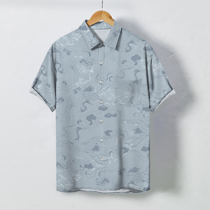 Buddha Stones Koszula męska z krótkim rękawem i oddychającym nadrukiem Cloud Crane Pattern Buttons - LightSteelBlue - US/UK/AU48， EU58 (4XL) - image 0