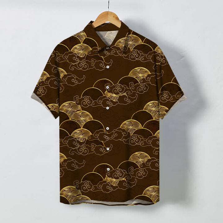 Buddha Stones Koszula męska z krótkim rękawem, oddychająca, z falą księżyca i złotymi chmurami - SaddleBrown - US/UK/AU48， EU58 (4XL) - image 5
