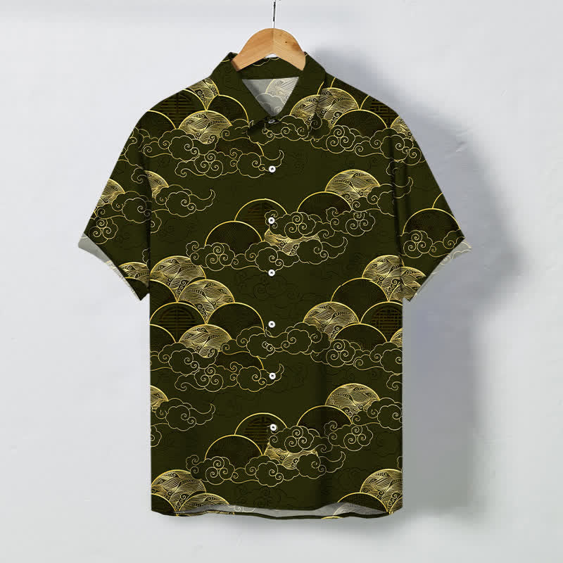 Buddha Stones Koszula męska z krótkim rękawem, oddychająca, z falą księżyca i złotymi chmurami - DarkOliveGreen - US/UK/AU48， EU58 (4XL) - image 7