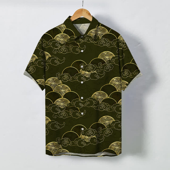 Buddha Stones Koszula męska z krótkim rękawem, oddychająca, z falą księżyca i złotymi chmurami - DarkOliveGreen - US/UK/AU48， EU58 (4XL) - image 7