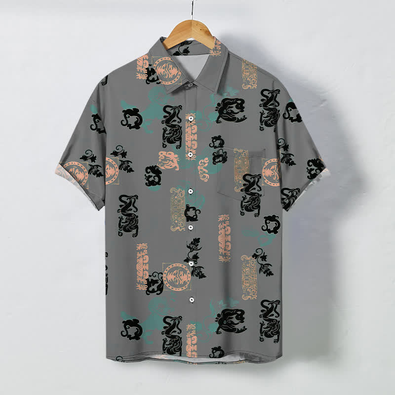 Buddha Stones Koszula męska z krótkim rękawem, oddychająca, z guzikami w kolorze turkusowym i wzorem liter - Szary - US/UK/AU48， EU58 (4XL) - image 7