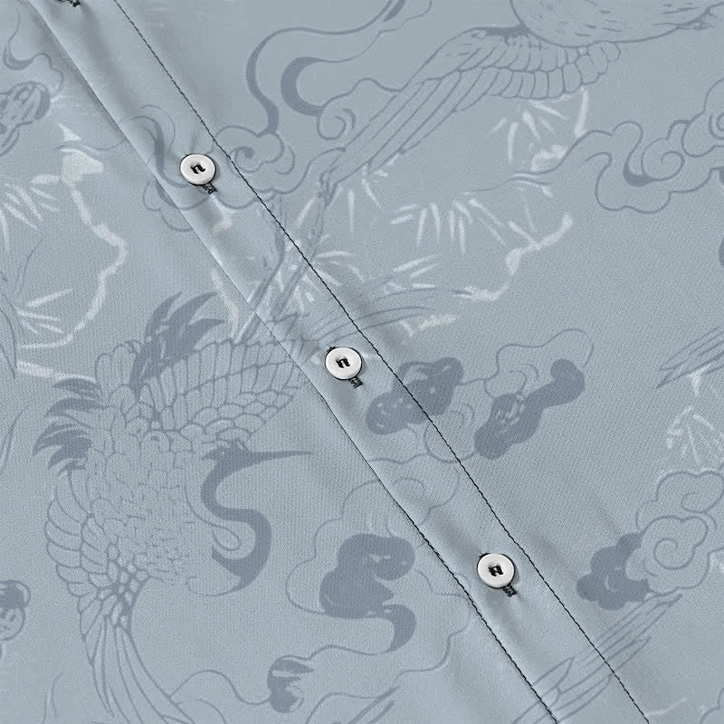 Buddha Stones Koszula męska z krótkim rękawem i oddychającym nadrukiem Cloud Crane Pattern Buttons - image 3
