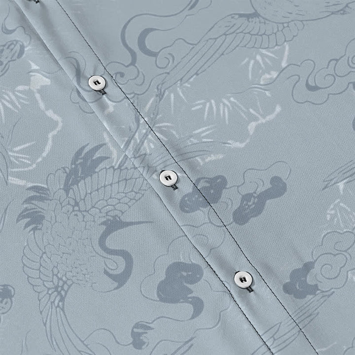 Buddha Stones Koszula męska z krótkim rękawem i oddychającym nadrukiem Cloud Crane Pattern Buttons - image 3
