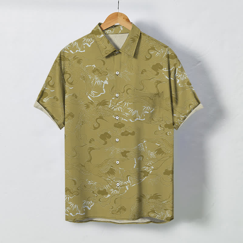 Buddha Stones Koszula męska z krótkim rękawem i oddychającym nadrukiem Cloud Crane Pattern Buttons - Ciemny Khaki - US/UK/AU48， EU58 (4XL) - image 7