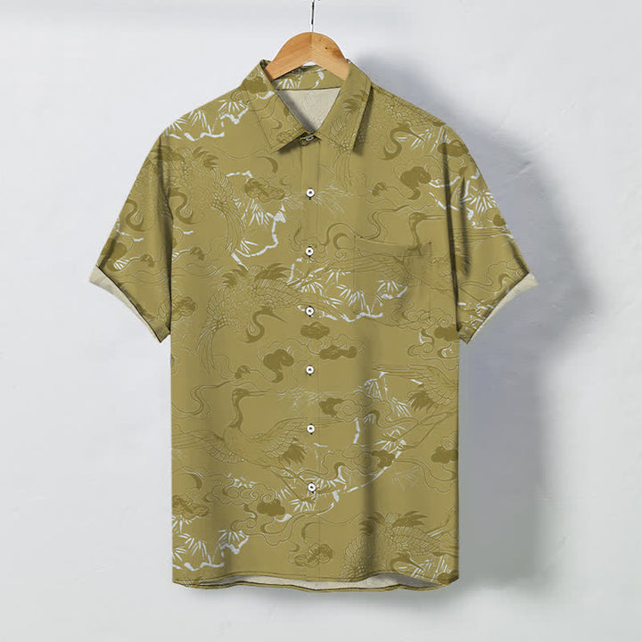 Buddha Stones Koszula męska z krótkim rękawem i oddychającym nadrukiem Cloud Crane Pattern Buttons - Ciemny Khaki - US/UK/AU48， EU58 (4XL) - image 7